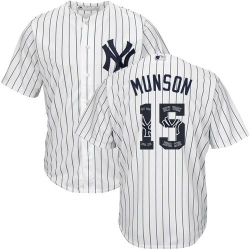 Yankees #15 Thurman Munson White Strip Team Logo Fashion Stitched MLB Jersey